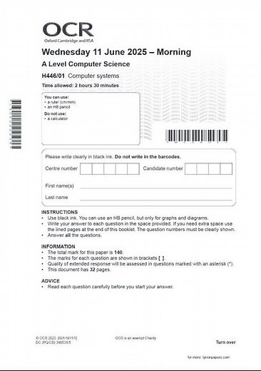 2025 OCR A LEVEL Computer Science Paper 1 & 2 QUESTION PAPERS AND MARK SCHEMES