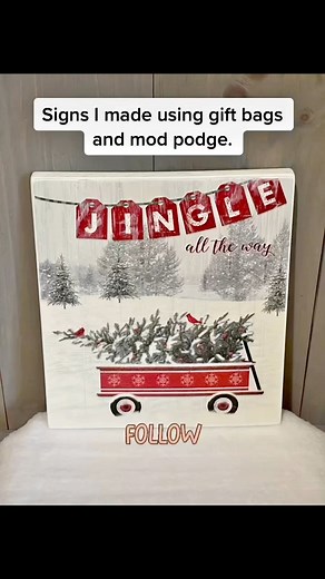 I made these signs with gift bags and Mod Podge. I Mod Podged them on cut pieces of wooden squares, plywood, and canvases. I hang these on my walls during the holidays and give them as gifts. ☺️ #modpodge #diysigns #christmascrafts | Tina's Country Door