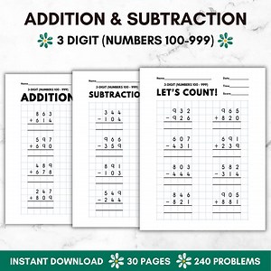 3rd Grade Math Workbook Addition Subtraction Worksheet Printable Grade 3 Math Problem Homeschool Practice Activity Teacher Resource Tutorial - Etsy