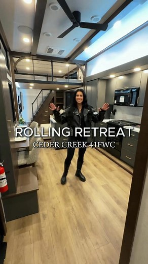 The 2025 Cedar Creek 41FWC is a destination trailer built for extended stays and big families with comfort and space to spare. 🔑 Key Features: Dual Lofts: Sleeps up to 7 with two upper lofts perfect for kids or storage. King Master Suite: Spacious bedroom with full wardrobe and dresser. Rear Living Room: Sectional sofa with trundle bed, fireplace, and entertainment center. Gourmet Kitchen: Full-size fridge with icemaker, island with workstation sink, and ample pantry space. Spa-Like Bathroom: L