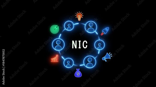 Neon Network of People Icons and Business Symbols Connected by Blue Lines with NIC Text connection