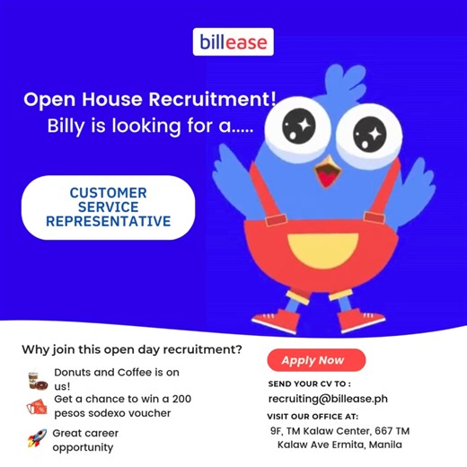 Calling All Customer Service Stars! Onsite CSR Needed in Kalaw, Manila! Do you have a passion for helping others and a knack for resolving issues? Are you a clear communicator with a positive and friendly demeanor? If so, we want YOU on our team! BillEase is searching for a dedicated and enthusiastic Customer Service Representative (CSR) to join our growing team in our Kalaw, Manila office! This is an onsite opportunity to play a vital role in our success by providing exceptional customer servic