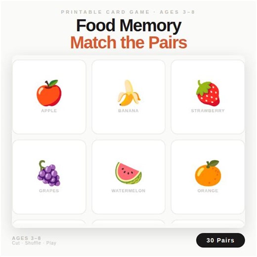 Food Memory Game for Kids | Printable Matching Game, Fruits & Food Learning Activity, Preschool PDF (ages 3-8) - Etsy