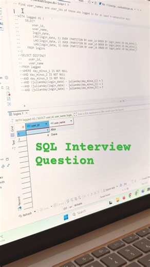 1.SQL interview question: LAG--find users that show up 4 consecutive days