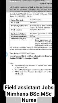 Nimhans Field Assistant Jobs BSc MSc Nurse| Contract Salary Only 25000/- #shorts_video