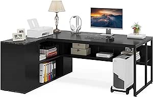 LITTLE TREE Large Executive Desk with File Cabinet, 71 inch L Shaped Computer Desk Office Desk with Drawers and Storage Shelves, Business Furniture Desk Workstation for Home Office, Black