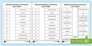 Matching Numbers and Words up to 1000 Worksheet