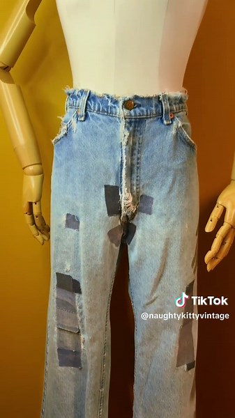 These are the jeans you buy when you want stories already woven in👖🔥 1980s Levi’s Orange Tab 517s — heavily distressed, heavily patched, frayed everywhere, and absolutely bursting with character. A true piece of denim history for the collectors, the archivists, and the lovers of well-worn vintage. Labeled 38x30 Waist: 38” Hip: 46” Length: 41” Inseam: 29.5” Rise: 13” Fair condition: tons of wear, iron-on patches (some peeling), holes, and fraying throughout. Sold as found, as the denim gods int