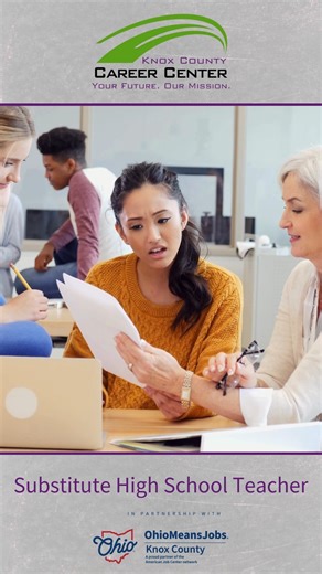 OhioMeansJobs Knox County on Instagram: "Click the link in our bio and select "Current Local Job Postings" to apply to this position and explore other open positions throughout Knox County! #TeachingJobs #Substitute #EducationCareers #NowHiring #KnoxCounty"