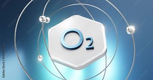 element o2 oxygen symbol located on a hexagon with atoms and orbits, dioxygen, pure air diatomic gas