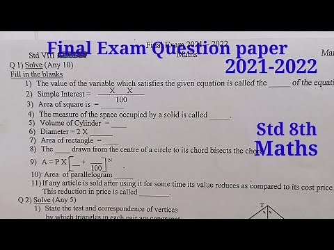 Final exam question paper | Class 8th | Maths | 2021-2022