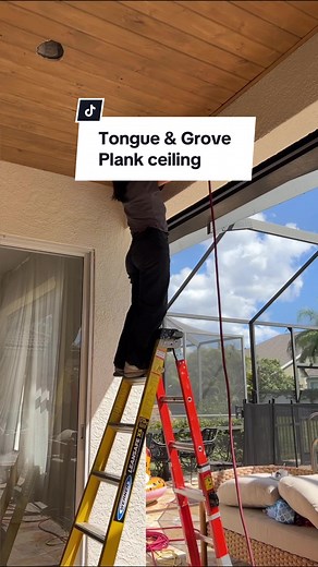 How to Plank Your Patio Ceiling. Since we painted the exterior white last year I always felt like it was missing something. I think it was missing some warmth so I decided to add wood planks to the ceiling. I started with Pine Tongue and Groove planks that I got from Home Depot. I sanded them and cut them all to size. It took me awhile to find the right stain color but I think I found the perfect one. Love that it is a stain and sealer in one. Look at how good it looks already. Here are a few ti