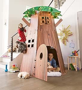 HearthSong Constructagons Big Tree Fort Indoor Fort-Building Kit with 4 Working Windows and Door, Approx. 7 Feet Tall x 5 Feet Diam., with Sturdy Cardboard Pieces and Hook and Loop Tape