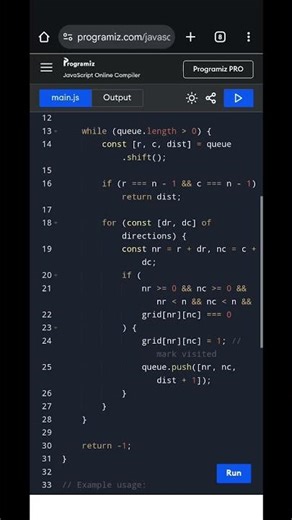 Shortest Path in a Binary Matrix using BFS | JavaScript Algorithm Explained with Example
