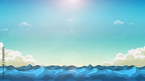 Cartoon Ocean Landscape Background Loop/ Animation of a summer cartoon landscape with funny waves seamless looping in the sunshine