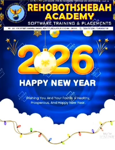 Rehobothshebah Academy on Instagram: "🎉 Happy New Year 2026! 🎉 Kick-start this New Year by upgrading your skills with Rehobothseibah Academy 🚀 We provide industry-focused training in: 📊 Data Analytics 🤖 Data Science 🧠 AI with Python ✨ New Year Special Offers Available! 👨‍🏫 Expert trainers | 🛠 Hands-on projects | 🎯 Career-oriented learning 📞 For enquiries & offers: 8940655130 📚 New batches are now open! Make 2026 the year of learning, growth, and success! 🌟 #HappyNewYear2026 #Rehobot