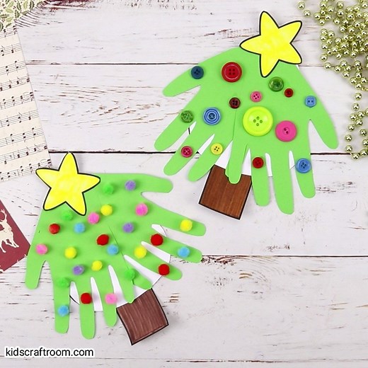 Make super fun and adorably cute HANDPRINT CHRISTMAS TREE CARDS. An easy Christmas craft to share with friends and family! (Printable Template Included.) Get yours here: https://kidscraftroom.com/handprint-christmas-tree-cards/ | Kids Craft Room