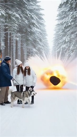 A school bus drives peacefully down the snowy road when suddenly a Husky starts chasing it from behind… 🐾🚌 The dog leaps inside and tries to alert the driver — something is wrong! Confused, the driver watches as the Husky grabs a school bag and jumps out of the moving bus. Moments later, he drops the bag far away and runs back toward the children. Just then — BOOM 💥 the bag explodes in flames! Everyone realizes the Husky just saved dozens of innocent lives. The driver and students hug the dog