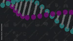 Science, cartoon and dots of dna on black background for genetic information storage and graphic icon for illustration. Double helix, spiral shape and strand for code, transmission and chromosomes. Stock Video