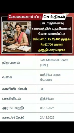 டாடா நினைவு மையத்தில் வேலை | Any Degree | ₹35,400 சம்பளம் | TMC Recruitment 2025 #GovtJobsTamil