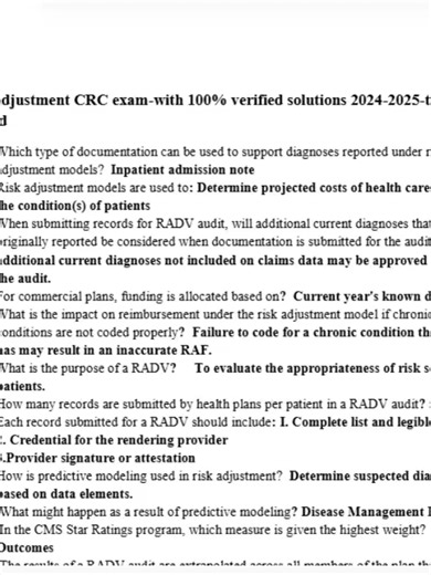 CRC Risk Adjustment Exam 2026/2027 🔥 100% Verified Solutions | Complete Study Guide (4 Pages) Preparing for the CRC Risk Adjustment Exam in 2026/2027? 📊💻 This complete, verified 4-page study guide is built to help you understand the most tested risk adjustment concepts, master coding logic, and walk into exam day fully confident 💪🔥 If you're working toward your Certified Risk Adjustment Coder credential and want focused, up-to-date prep aligned with 2026/2027 exam standards, this guide simp