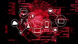 Digital network icons over red coding and data processing animation