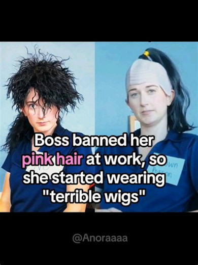 Boss Banned Her Pink Hair So She Started Wearing Terrible Wigs #wig #corporatelife #hilarious #history #History Emily Benschoter went viral after sharing videos of the unusual wigs she wore to work. After being told that her pink hair did not meet her employer's appearance standards, she chose not to dye it and instead covered it with wigs, which were permitted under the workplace dress code. Rather than selecting natural looking wigs, she wore inexpensive and unconventional styles. Her videos a