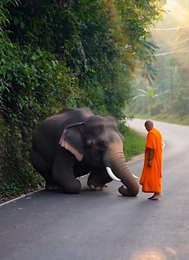 "Unbelievable! Elephant Shows Respect to Monk on Village Road" #elephant #animals #srilanka