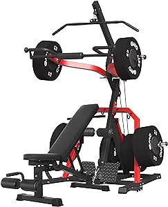 GMWD Leverage Gym, Lever Gym with Weight Bench, 2055LB Chest Press Machine for Strength Training, Adjustable Cable Machine Equipment for Home Gym(Red with Bench)