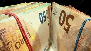 Pile of Euro Banknotes on a Table From Bug Point of View. European Currency. Market and Economy.