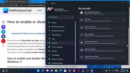 How to enable or disable Remember my apps in Windows 11