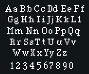 Pixel alphabet letters and punctuation marks. Modern stylish font or typeface for headline in style of 80's retro video game, vintage computer typography.