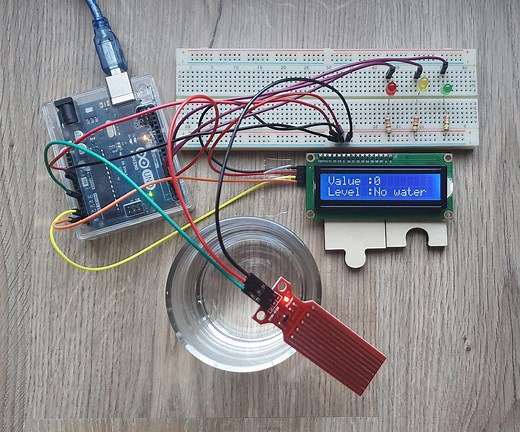 Testing Water Level Sensor : Arduino UNO + HW-038 Water Level Sensor + LCD 16x2 I2C + LEDs