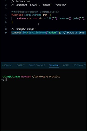 Palindrome Check in JavaScript Explained | #javascript #shorts #coding #programming