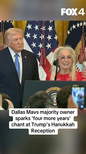 FOX 4 News Dallas Fort Worth on Instagram: "Dallas Mavericks majority owner Miriam Adelson spoke at President Trump’s Hanukkah Reception on Tuesday, sparking a “four more years” chant from the crowd. During her remarks, Adelson recounted a conversation with famed attorney Alan Dershowitz, who she said suggested the President serve another term. The crowd quickly took up the chant, leading President Trump to joke about Adelson’s significant campaign contributions, saying, “I’ll give you another 2