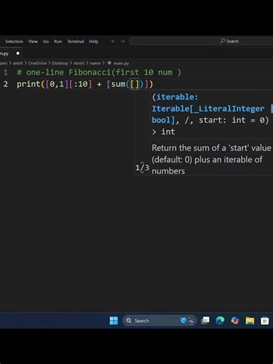One-line Fibonacci (first 10 numbers) #shorts #python