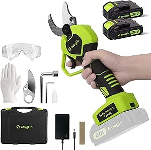 Electric Pruning Shears, Yougfin 1.12" Wood Ranger Power Shear with 2 * 20V Batteries Powered Pruning Shears for Gardening Power Pruners Cordless with SK5 Replacable Blade Effortless Safe System