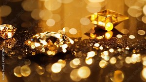 Sparkling diamonds are scattered on a golden surface, reflecting light and creating a mesmerizing display during a festive atmosphere.