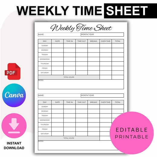 Weekly Timesheet Template, Work Hours Tracker, Staff Log, Editable Canva (A4 Instant Download) - Etsy